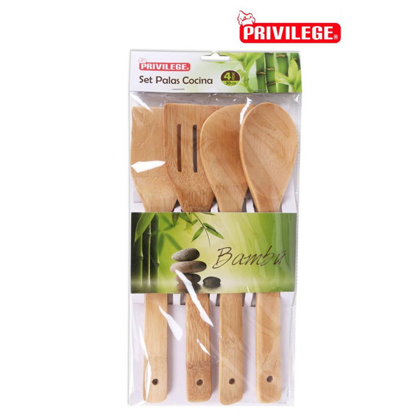 Bambus Küchen-Set • 4 Bambus-Kochlöffel • 1 Bambus-Zange  1 Bambus Utensilien Halter